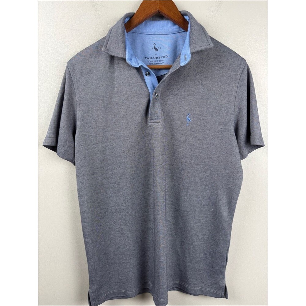 Tailorbyrd Grey Polo with Light Blue Trim and Logo size Small leisure golf